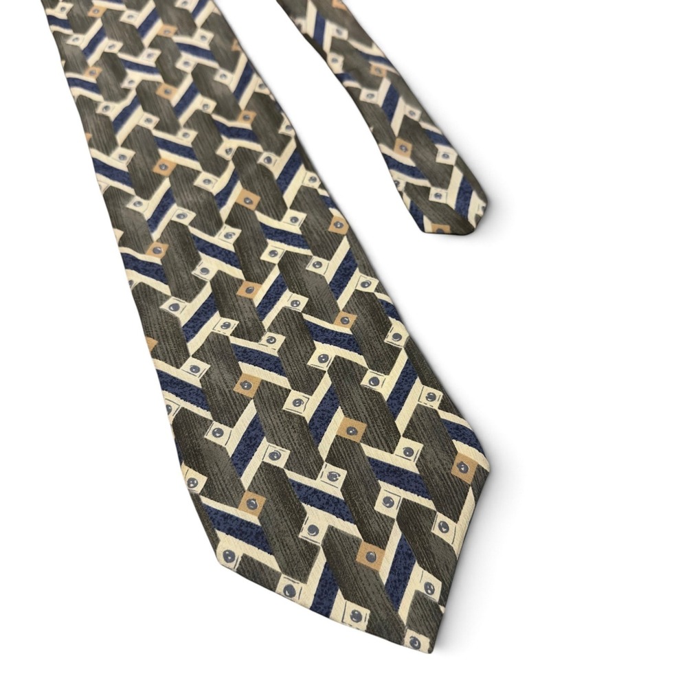 Zylos George Machado Mens Silk Tie Geometric Olive Navy Wide 4" 58" Necktie